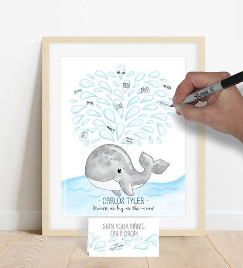 Have everyone at your whale themed baby shower sign a water drop on this art print, then frame it and add it to the nautical room décor! Whale themed birthday party, boys birthday party ideas, whale themed inspiration, nautical kids room inspiration, whale wall art, sea creature, under the sea theme birthday party, nautical nursery decorations #nauticalbabyshower #nauticalbirthdayparty #whaleguestbook #whale #wewhaleyloveyou Elegant Beach Theme Bridal Shower Ideas, Sea Creature Baby Shower Ideas, Baby Shower Guest Sign In Ideas, Sea Themed Baby Shower Ideas, Whale Baby Shower Theme, Baby Shower Nautical, Hawaiian Baby Showers, Ocean Baby Showers, Whale Birthday