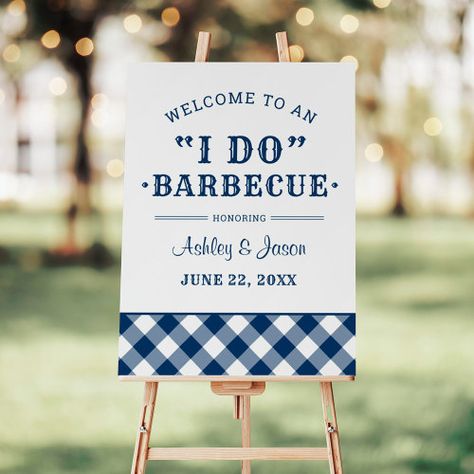 I Do BBQ Navy Gingham Wedding Welcome for $44.20 - Wedding Thank You Card I Do Barbecue, Gingham Wedding, Welcome Sign Design, Bbq Wedding Reception, Bbq Decorations, Bbq Rehearsal Dinner, Backyard Bridal Showers, Small Backyard Wedding, Gingham Tablecloth