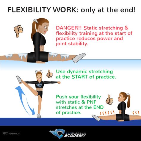 Flexibility tips: are you still doing static stretches at at the start of practice? Find out why this is a really bad idea and how you can increase your flexibility! Cheerleading Flexibility, Cheer Conditioning, Cheer Flexibility, Static Stretches, Cheer Stretches, Cheerleading Tips, Cheer Moves, Cheer Tips, Cheer Jumps