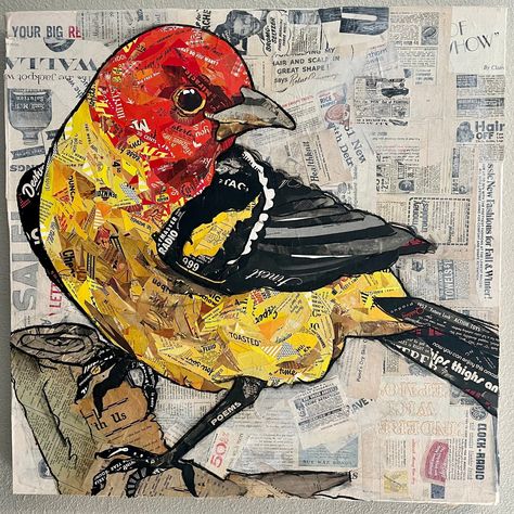 Western Tanager archival collage print. Made using vintage magazines and book pages. Funny advertisements peak out if you look closely! Sketch Of Bird, Creative Collage Ideas Projects, Animal Collage Art, Bird Collage Art, Funny Advertisements, Collage Landscapes, Quilt Postcards, Collage Birds, Art Colleges