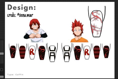 Kirishima Nails Art, My Hero Academia Nail Art, Kirishima Nails, Mha Nail Designs, My Hero Academia Inspired Nails, Mha Nails, Anime Nail Ideas, Lightning Nails, Crazy Nail Designs