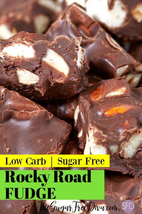 Sugar Free Rocky Road Fudge #sugarfree #lowcarb #fudge #homemade #candy #recipe #keto Fudge Homemade, Sugar Free Fudge, Fudge Candy, Rocky Road Fudge, Low Carb Candy, Keto Fudge, Sugar Free Baking, Sugar Free Recipes Desserts, Sugar Free Treats