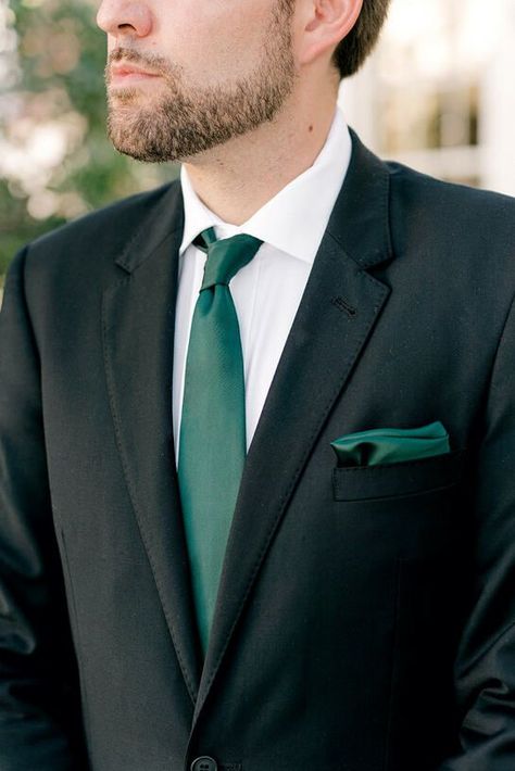 Black Suit Green Tie, Green Tux, Forest Green Bridesmaid Dresses, Groom Suit Black, Men Suits Black, Satin Colors, Green Pocket Square, Suit Green, Black Suit Men