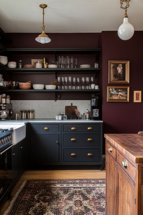 Black Cabinets On Bottom White On Top, Black White And Rust Kitchen, Dark Paint Kitchen Walls, Small Dramatic Kitchen, Interior Designer Kitchen, Moody Kitchen White Countertops, Moody European Kitchen, Moody French Kitchen, Moody Kitchen Wood Cabinets