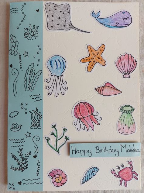 Sea theme, doodle, blue, under water, DIY, birthday card Under The Sea Cards Handmade, Ocean Themed Cards, Ocean Theme Birthday, Ocean Birthday, Craft Card, Quilling Craft, Birthday Stuff, Birthday Card Design, Sea Birthday