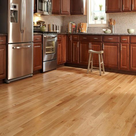 Bruce Hickory Country Natural 3/4 in. Thick x 2-1/4 in. Wide x Varying Length Solid Hardwood Flooring (20 sq. ft. / case)-AHS601 - The Home Depot Hickory Wood Floors, Kitchen Cabinets And Flooring, Hardwood Floors In Kitchen, Vinyl Flooring Kitchen, Solid Hardwood Flooring, Hickory Flooring, Hickory Wood, Solid Hardwood Floors, Best Flooring