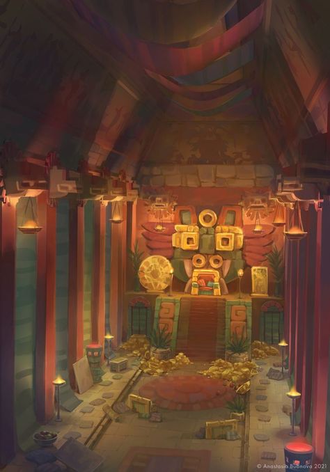 Some explorations for Chief's Throne room for the setting I started during Box of Mystery Artstation Challenge Mayan Temple Concept Art, Aztec Temple Interior, Aztec Jungle Art, Aztec Environment Concept Art, Aztec Architecture Art, Aztec Temple Concept Art, Mesoamerican Aesthetic, Aztec Concept Art, Aztec Environment