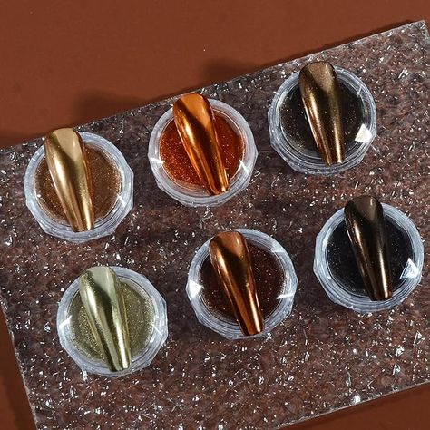 Amazon.com: Chrome Nail Powder Set, 6 Maillard Colors Metallic Brown Chrome Nail Powder Mirror Effect Brown Pigment Chrome Powder Manicure Nail Glitter Dust with Sponge Applicators : Beauty & Personal Care Bright Chrome Nails, Copper Chrome Nails, Brown Chrome Nail, Chrome Powder Nails, Copper Nails Designs, Precious Nails, Mirror Nails Powder, Chipped Nail Polish, Brown Chrome