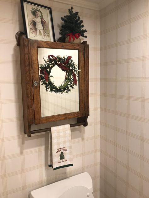 Powder Room Vintage, Rustic Medicine Cabinets, Vintage Medicine Cabinet, Farmhouse Powder Room, Antique Medicine Cabinet, Vintage Medicine Cabinets, Vintage Medicine, Spice Shelf, Christmas Mimosa