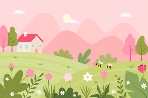 Spring Landscape Illustration on Behance Cute Backgrounds Landscape, Aesthetic Wallpaper Spring, Spring Lockscreen, Spring Wallpaper Aesthetic, Spring Aesthetic Wallpaper, Spring Cartoon, Wallpaper Edgy, Landscape Vector, Background Retro