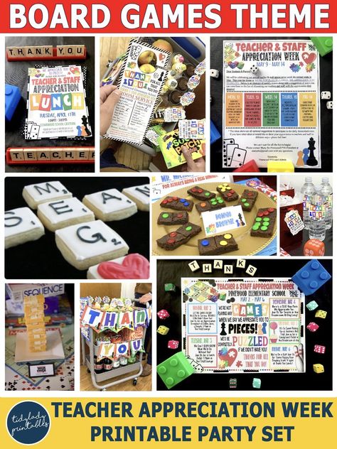 Teacher appreciation week is a perfect time to celebrate the hard work that teachers put into their jobs. Show them that you are not playing any games when you say you appreciate them to pieces and would be completely puzzled without them. This board game theme printable party pack comes equipped with everything you need to host a fun filled board game-themed teacher appreciation week!          Appreciate your teachers to pieces with the following customizable items: Board game theme pri Get In The Game School Theme, Board Game Staff Appreciation, Teacher Appreciation Week Game Theme, Appreciation Theme Party Ideas, Teacher Appreciation Week For Staff, Game Themed Teacher Appreciation Week, Staff Appreciation Week Theme Ideas, Game Theme Teacher Appreciation, Board Game Teacher Appreciation Week