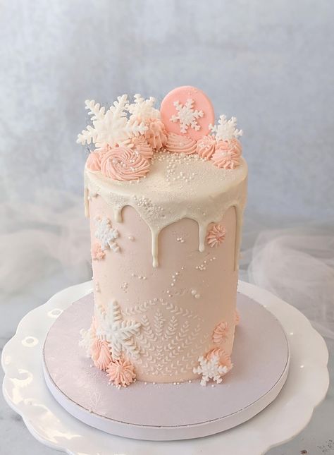 Pink And White Snowflake Cake, First Birthday Cake Winter, Pink Winter Cake, It’s Cold Outside Baby Shower Cake, Winter Onederland Cake Girl, Winter Onederland Party Girl Cake, Pink Snowflake Cake, Winter Onederland First Birthday Cake, Winter Smash Cake