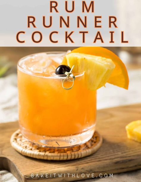 A rum runner cocktail is a fun and fruity tiki drink that is perfect for summertime celebrations or lazy days by the pool! This easy-to-drink cocktail packs a surprising punch because it features not only light and dark rum but also banana and blackberry liqueur! Combined with orange juice, pineapple juice, lime juice, and grenadine, this punch-like beverage is wonderfully refreshing! BakeItWithLove.com Rum Swizzle Recipe, Easy Rum Cocktails, Rum Cocktails Easy, Banana Liqueur, Rum Swizzle, Rum Runner, Tiki Drink, Aphrodisiac Foods, Alcohol Beverages