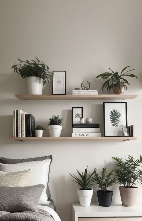 Create a cozy and aesthetic bedroom by incorporating built-in bookshelves as a focal point. Style the shelves with a mix of books, plants, and decorative items to add personal touches and enhance the overall design of the space. Floating Bookshelves Bedroom, Bookshelves Bedroom, Bedroom Bookshelves, Bookworm Aesthetic, Living Room Cozy, Cool Projects, Floating Bookshelves, Room Cozy, Home Decor Ideas Living Room