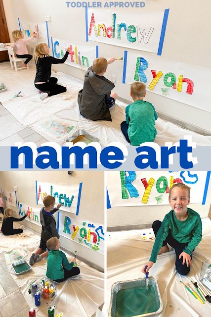 Toddler Approved!: Giant Name Art Painting with Kids Name Activities Preschool Art Projects, Preschool Name Art Project, Toddler Name Activities, Tactile Name Activities, Custom Kids Name Art, Rainy Day Activities For Kids, Indoor Games For Kids, Name Crafts, Name Activities