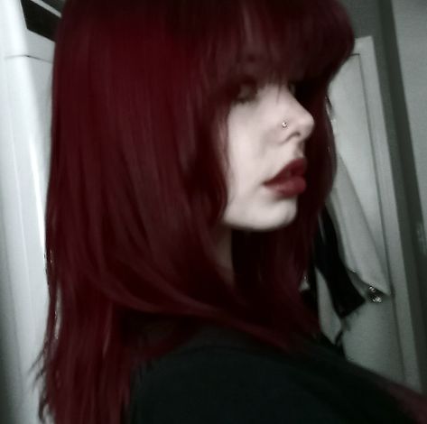 #hair #redhair #red #alt #bangs #layers #emo Dark Red Alt Hair, Dark Red Emo Hair, Dark Red Hair And Green Eyes, Red Hair With Bangs Aesthetic, Hair Colour Ideas For Dark Hair, Red Hair Goth Makeup, Red Hair In A Ponytail, Darkish Red Hair, Scene Red Hair