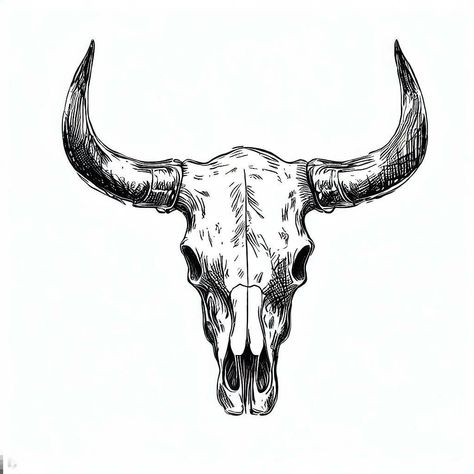 Western Bull Skull Drawing, Western Tattoos Stencils, Skull And Horns Tattoo, Bull Skull Stencil, Buffalo Skull Tattoo Design, Skeleton Gunslinger Tattoo, Bull Skull Tattoo Stencil, Cowhead Skull Tattoo, Horned Skull Tattoo