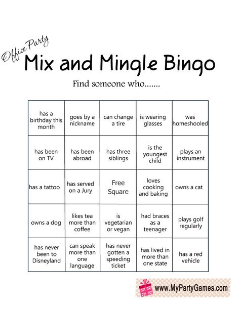 Free Printable Office Party Mix and Mingle Bingo Office Bingo Free Printable, Mix And Mingle Party Ideas, Kid Holiday Games, Mingle Bingo, Housewarming Party Games, Custom Bingo Cards, Bingo Books, Anniversary Party Games, Free Printable Bingo Cards