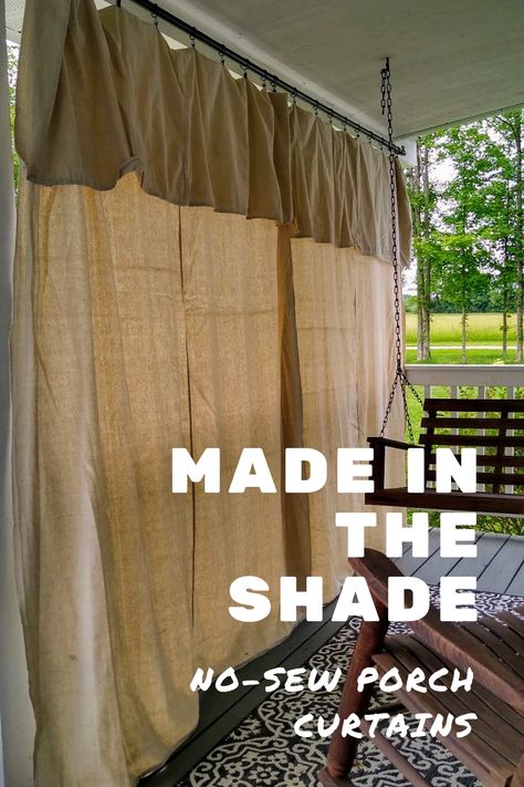 Here's an easy, no-sew, inexpensive solution for adding shade to a sunny porch. Drop Cloth Patio Curtains, Temporary Outdoor Shade Ideas, Diy Balcony Shade, Diy Sun Shades For Patio Outdoor, Porch Sun Shade Ideas, Diy Outdoor Curtains, Porch Shade Ideas, Front Porch Curtains, Patio Shade Diy