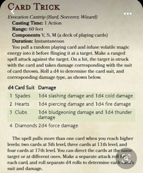 Dnd 5e Homebrew Cantrips, Cantrips 5e, Dnd Cantrips, Card Throwing, Dnd Cards, 5e Spells, Homebrew Spells, Dnd Spells, Dnd Magic