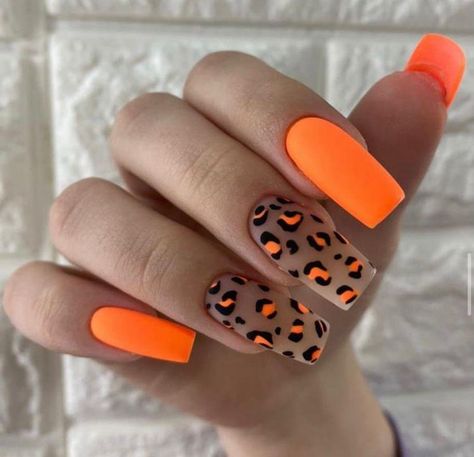 Leopard Print Nails Orange, Orange Nails Design Summer, Orange Animal Print Nails, Bright Leopard Print Nails, Orange Cheetah Nails, Cheetah Print Nails Fall, Orange Leopard Nails, Neon Orange Nails With Design, Orange And White Nail Designs