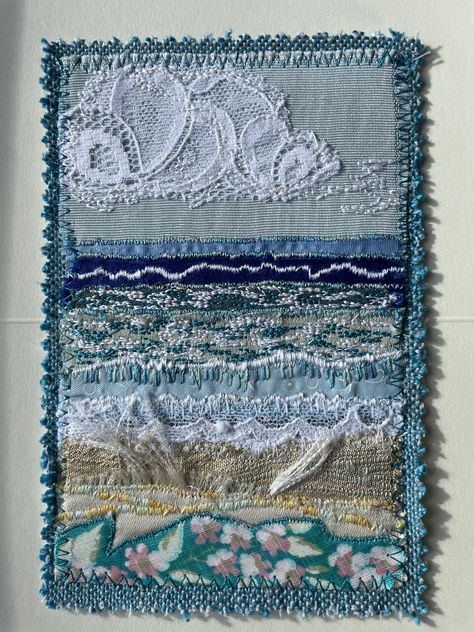 Fabric Collage, Seascape Applique, Textile Seascapes, Ocean Fabric Textile Art, Slow Stitch Beach Scene, Recycled Fabric Art, Slow Stitching Landscapes, Seascape Quilts, Textile Landscapes Fabrics