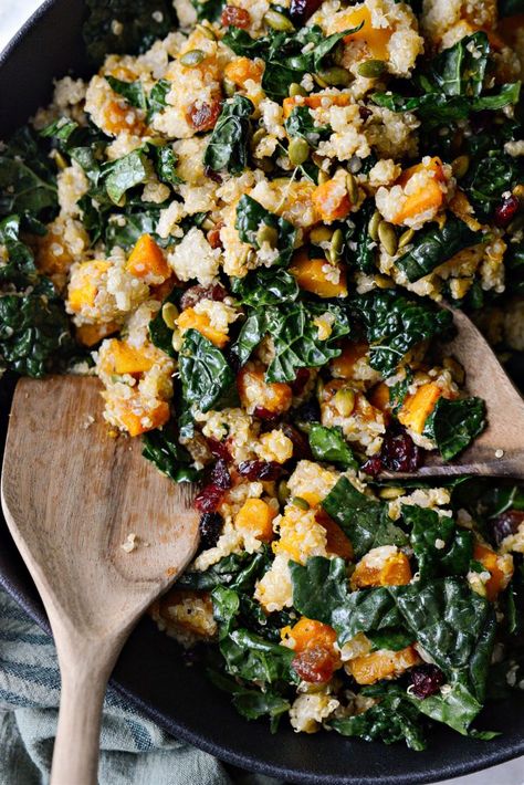 Crunchy Kale And Quinoa Winter Salad, Winter Quinoa Recipes, Baked Kale Salad With Crispy Quinoa, Hot Salad Recipes, Kale Butternut Squash Salad, December Meals, Salad With Butternut Squash, Warm Kale Salad, Butternut Squash And Kale