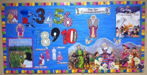 Moses Bulletin Board (some printables and links) Moses Burning Bush, Life Of Moses, Moses Exodus, Childrens Bible Study, 10 Plagues, Sabbath School, School Board Decoration, Bible Story Crafts, Baby Moses