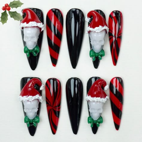 Get into the holiday spirit with a dark twist—meet Skully Claus! 🎅💀 A bold blend of festive vibes and gothic glam that’s perfect for making a statement this season. Who says Christmas can’t have a little edge? ❤️🖤✨ This set is now available on my site! 🛍️ Don’t miss out — head over to check your sizing and design preferences to make checkout a breeze and snag your perfect set! — #donailsart #pressonnails #christmasnailsart #christmas #nailsart #3dnails #gelnails Creepmas Nails, Horror Themed Nails, Nail Therapy, Festive Nails, Themed Nails, Gothic Glam, Festival Nails, Xmas Nails, The Magic Of Christmas