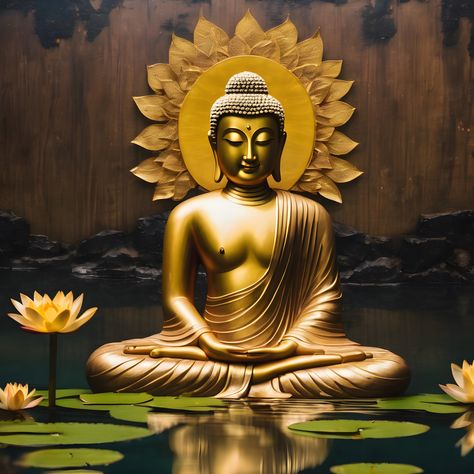 Buddha With Lotus, Zen Wall Decor, Gold Buddha, Meditating Buddha, Golden Buddha, Yoga Lover Gift, Art Christmas Gifts, Buddha Meditation, Flowers Digital