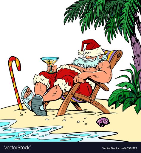 Santa On Vacation, Cute Santa Drawing, Cartoon Hand Drawing, Sea Vector, Drawing Retro, Winter Drawings, Beach Drawing, Christmas Graphic Design, Christmas Drawings