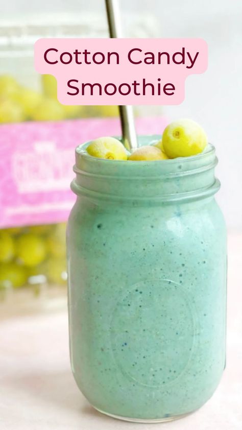 Raise your hand if you LOVE COTTON CANDY?? Fun Fact: cotton candy is actually one of my favorite treats to buy at sports games! I love the grapes from Divine Flavor because they are all NON GMO! Pop them in the freezer for healthy snacking OR make this creamy & delicious BLUE COTTON CANDY SMOOTHIE! Not only is it delicious, it's beautiful too! Cotton Candy Smoothie, Candied Grapes Recipe, Grape Smoothie, Cotton Candy Grapes, Blue Cotton Candy, Cotton Candy Flavoring, Frozen Grapes, Grape Recipes, Healthy Snacking