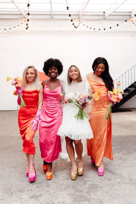 Neon Wedding Bridesmaid, Retro Wedding Bridesmaid Dress, Retro Bridal Party, Three Bridesmaids Mismatched, Colourful Bridal Party, Modern Colourful Wedding, Edgy Bridesmaid Dresses, Disco Bridesmaid Dresses, Different Coloured Bridesmaid Dresses