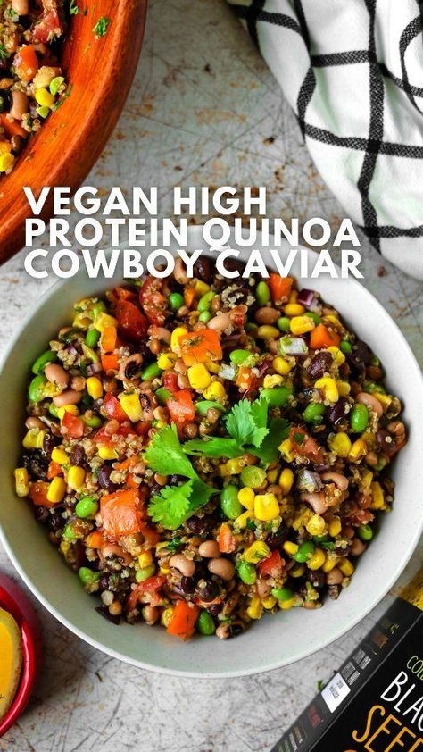 VEGAN HIGH PROTEIN QUINOA COWBOY CAVIAR SALAD * Looks no further for the next dish to take to a summer picnic! I've been obsessed with cowboy caviar ever since I discovered it and decided to take it to the next level with this salad. I added lentils and edamame to the traditional combo of beans and black-eyed peas and used quinoa instead of a side of tortilla chips for to create a plant-based protein powerhouse. I also created a dressing featuring @majusuperfoods black seed oil for heaps of nutr Cowboy Caviar Salad, Caviar Salad, Vegan High Protein, Cowboy Caviar, High Protein Vegan, Black Seed Oil, Bean Salad, Black Seed, Quinoa Salad