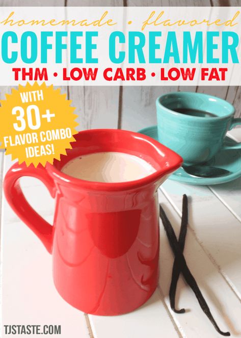 Love this recipe! Have been using it for years. One of my hacks for the chocolate flavors is to use unsweetened chocolate almond milk instead of adding extract or cocoa powder. Homemade Flavored Coffee Creamer, Low Carb Coffee Creamer, Keto Coffee Creamer, French Vanilla Creamer, Vanilla Coffee Creamer, Flavored Coffee Creamer, Low Carb Low Fat, Homemade Coffee Creamer, Coffee Creamer Recipe