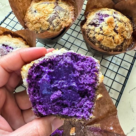 Purple ube muffin halved showing ube halaya filling in the middle. Ube Muffins Recipe, Recipes With Ube Jam, Ube Jam Desserts, Recipes Using Ube Condensed Milk, Ube Powder Recipes, Ube Muffins, Ube Rolls, Ube Bread Recipe, Ube Bread