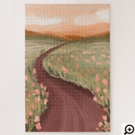 Oil Art Painting Ideas Easy, Cottagecore Canvas Painting Easy, Painting Ideas On Canvas Cottagecore, Cottage Core Painting Ideas On Canvas, Meadow Drawing Simple, Simple Stuff To Paint, Cottage Painting Easy, Path Painting Acrylic, Cottage Core Painting Easy