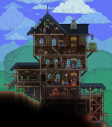 Terraria Block Palette, Terraria Interior, Cool Terraria Houses, Cute Terraria Builds, Terraria Cottage, Terraria Tavern, Terraria Big House, Terraria Stairs, Terraria Base Design