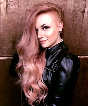 Rose Gold Hair With a Rockin' Undercut, 19 Rose Gold Hair Color ... Half Shaved Head Hairstyle, Long Hair Shaved Sides, Half Shaved Head, Undercut Long Hair, Half Shaved Hair, Shaved Side Hairstyles, Shaved Hair Designs, Side Hairstyles, Hair Color Pastel