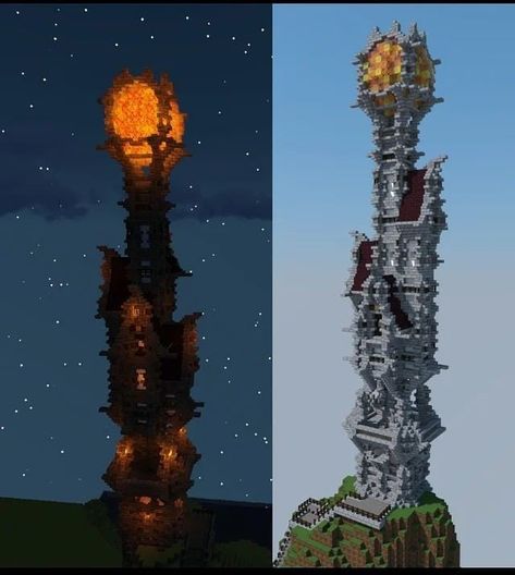 Lava Build Minecraft, Minecraft Lava Ideas, Minecraft Giant Statue, Minecraft Lava Builds, Tower Minecraft Ideas, Minecraft Fantasy Tower, Minecraft Pillar, Minecraft Tower Design, Minecraft Beacon Design