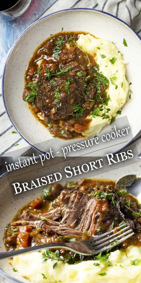 Pressure Cooker Wine Braised Short Ribs - Just a Little Bit of Bacon Pork Short Ribs Recipe Instant Pot, Beef Short Ribs Oven, Instant Mashed Potatoes, Short Ribs Recipe, Bubble Bubble, Ribs Recipe, Braised Short Ribs, Comfort Food Recipes Dinners, Pot Ideas