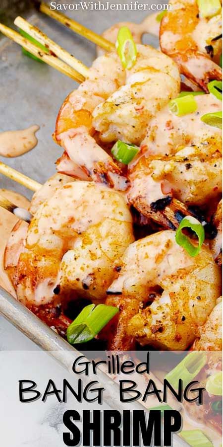 Grilled Bang Bang Shrimp is succulent and tender shrimp skewers that are brushed with a simple olive oil and garlic spice wet rub. Seared for just 2-3 minutes on each side and then drizzled with the most amazingly crave-able, scratch-made Bang Bang Sauce for an insanely easy and quick meal. #savorwithjennifer #bangbang #shrimp #grilled #barbecue #bonefish via @Savor With Jennifer Bangbang Shrimp, Bang Bang Shrimp Recipe, Shrimp Skewer Recipes, Bang Bang Sauce, Shrimp Kabobs, Grilled Shrimp Skewers, Bang Bang Shrimp, Shrimp Sauce, Bbq Shrimp