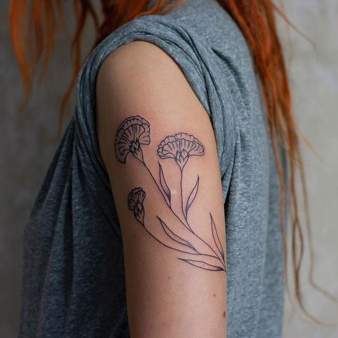 27 Beautiful Carnation Tattoo Ideas and Their Symbolism Tattoo No Shading, Carnation Tattoo, V Tattoo, White Carnation, Flower Tattoo Shoulder, Black Ocean, Flower Tattoo Sleeve, Simply Red, Pink Carnations