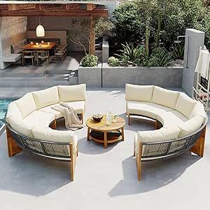 Quarte Outdoor Acacia Wood Round Sofa Set, Half-Moon Sectional Sets with Coffee Table,6-Person Seating Group for Garden, Deck (Beige/Half-Moon*A) Modern Outdoor Seating, Sectional Patio Furniture, Conversation Sofa, Outdoor Seating Set, Outdoor Conversation Sets, Round Sofa, Outdoor Couch, Wood Patio, Patio Sectional