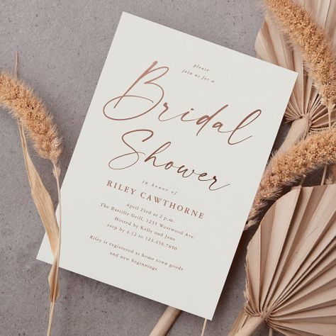 $2.93 | Simple Rose Gold Script Bridal Shower - simple script bridal shower invitation, elegant, wedding, rose gold foil, handwritten, calligraphy, typography, modern, minimal, boho Gold Bridal Shower Ideas, Wedding Rose Gold, Rose Gold Invitations, Gold Foil Wedding Invitations, Minimal Boho, Wedding Rose, Calligraphy Typography, Invitation Elegant, Handwritten Calligraphy