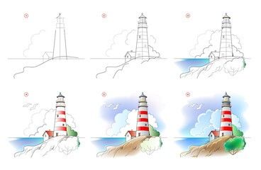 How To Draw Tutorials How To Draw A Lighthouse Step By Step, How To Draw A Lighthouse, Draw Lighthouse, Book Landscape, Fun Things To Draw, Lighthouse Sketch, Sketch Landscape, Lighthouse Drawing, Learn Acrylic Painting