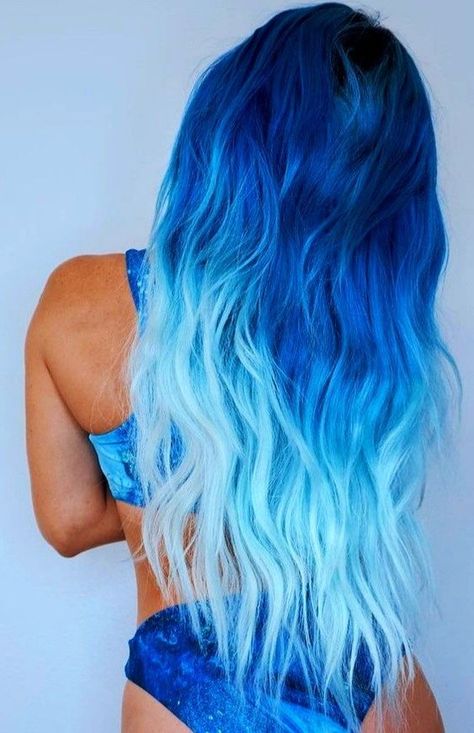 Colorful Hair For Blondes, Dyed Hair Purple And Blue, Blue Flame Hair Color, Blue Hair Ideas For Blondes, Dark Blue To Light Blue Hair Ombre, Vivid Blue Hair, Blue Hair Ideas For Brunettes, Colored Hair Inspiration, Ocean Hair Color