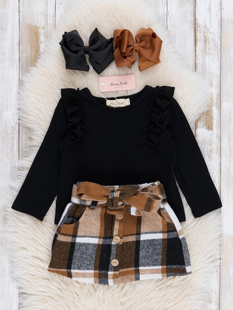 Tan Plaid Skirt, Ruffle Shoulder Top, Cotton Accessories, Plaid Skirt Set, Flannel Skirt, Comfortable Fits, Tan Plaid, Autumn Season, Plaid Skirt