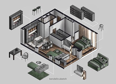 Apartment sketch plan drawn in 3d isometric style on Behance Apartment Axonometric Drawing, Apartment Design Drawing, Isometric House Interior, Isometric Floor Plan, Apartment Drawing Sketch, Apartment Isometric, Apartment Sketch, Isometric Architecture, Isometric Interior