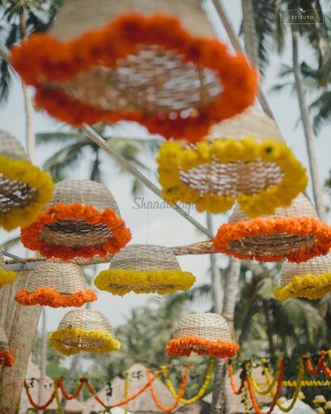 Quirky & Trendy DIY Mehndi Decor Ideas For Your Intimate Wedding | WeddingBazaar Mehndi Decor Ideas, Mehendi Decor Ideas, Diwali Decorations At Home, Wedding Entrance Decor, Diy Diwali Decorations, Ganpati Decoration Design, Desi Wedding Decor, Marriage Decoration, Mehndi Decor